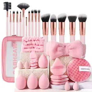 Full Makeup Tool Set with Travel Bag, Hair Ties, Beauty Sponge, Powder Puff, Soft Synthetic Fibre Bristles, Wooden Handle, Makeup Brush Set, Cosmetic Brush Set