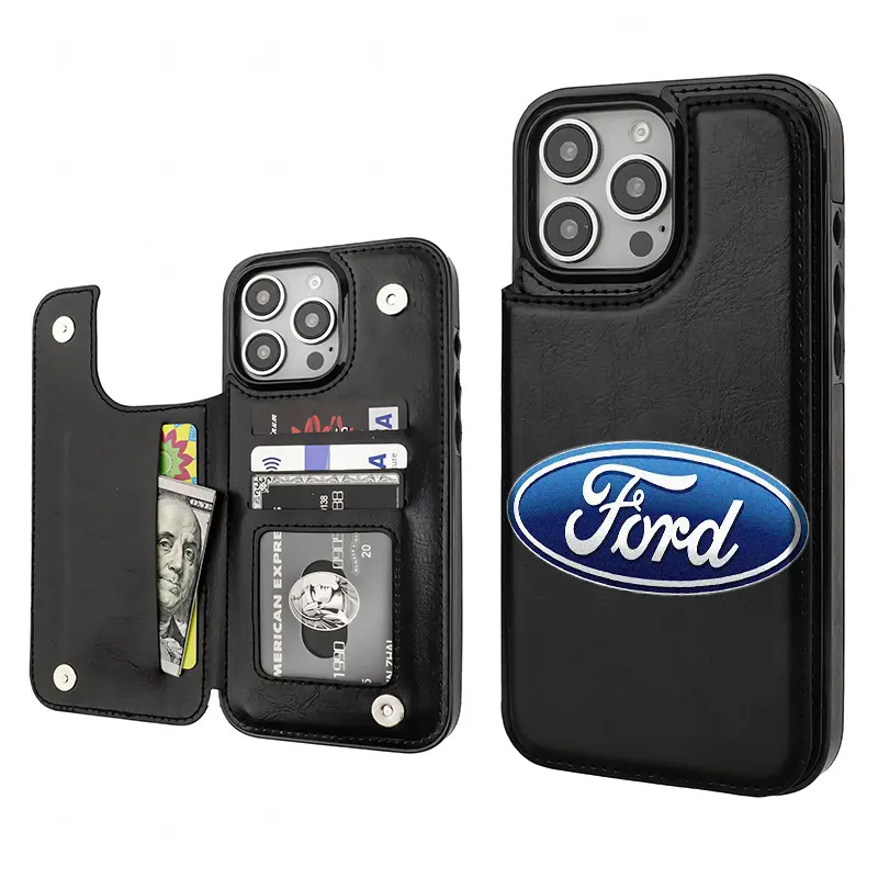 Ford Minimalist Heritage Aesthetic Pattern PU Leather Card Holder Phone Case - TPU Shockproof Protective Casing, Customized Stylish Gift Phone Accessory for iPhone 12/13/14/15/16 Pro/Plus/Max, Accessories