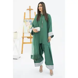Aabpara Timeless Farshi Charm FTA13 - Elegant 3-Piece Poly Raw Silk Shirt & Farshi Shalwar Set with Lace Detailing for Eid