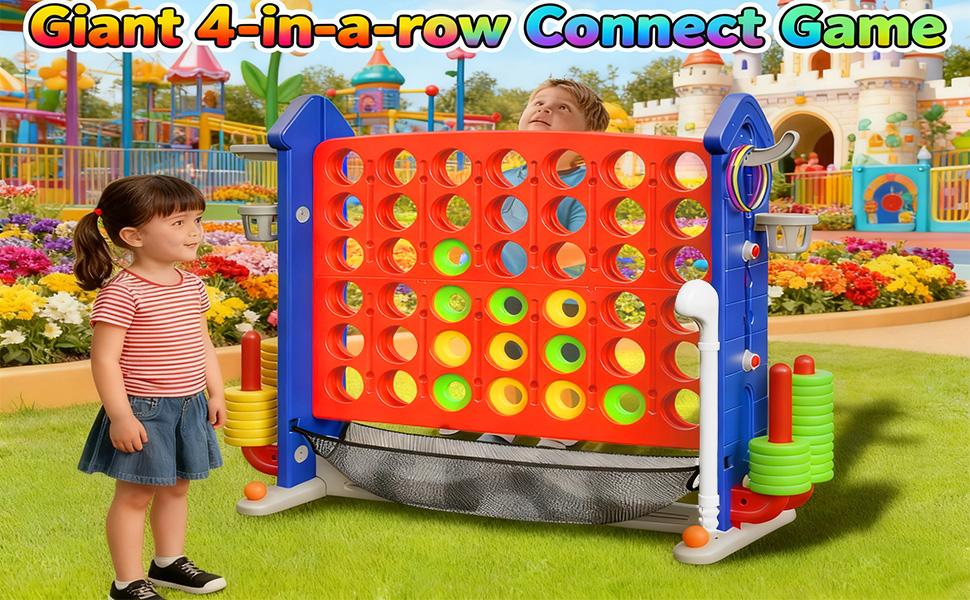 Giant 4-in-1 Connect Game Set, Jumbo 4-to-Score with Basketball Golf & Ring Toss, 3-Level Height Adjustable Yard Game for Kids & Family Indoor Outdoor Gatherings