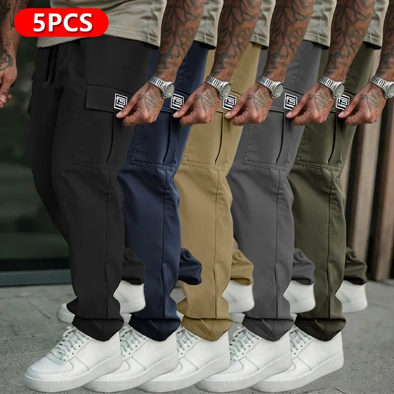 Men’s Outdoor Casual Cargo Pants, 5-Pack – Loose straight-leg design, multiple pockets, adjustable drawstring waist, durable fabric, machine washable all-season long pants suitable for hiking and urban exploration—an ideal gift for a boyfriend