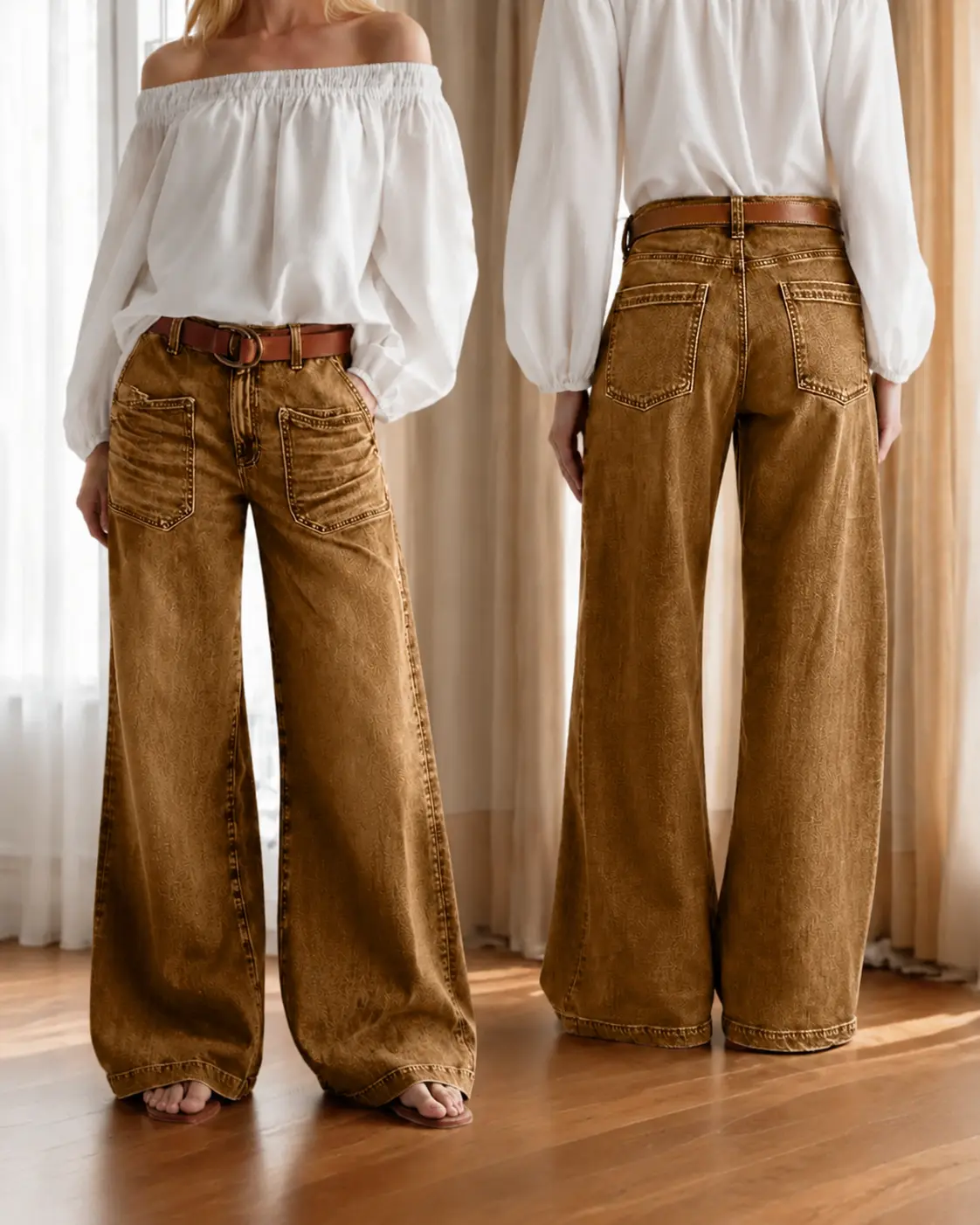 Womenswear Women's Retro Brown Washed High-Waist Wide-Leg Straight Jeans, Contrast Stitch, Big Pockets, Baggy Denim Trousers
