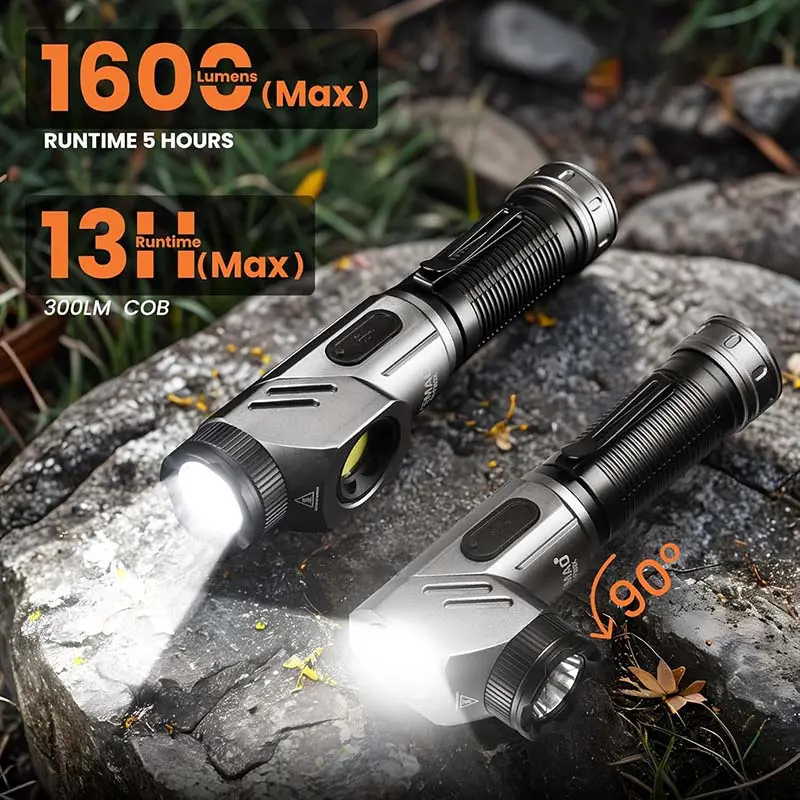 1600 Lumen Rechargeable LED Flashlight with 90° Rotatable Head, Dual-Beam Aluminum Body, IP65 Waterproof & Dustproof for Hiking, Camping & Home Backup, Bright & Adjustable, High Lumens, Led Lights, Usb Port, Spotlight
