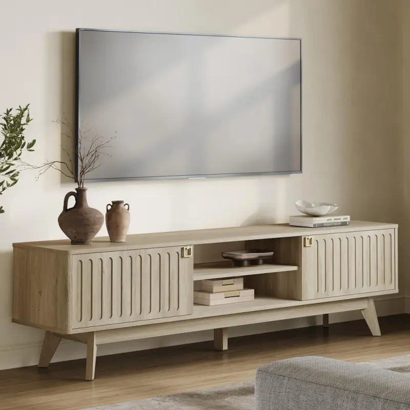 SICOTAS TV Stand for Living Room, 70" Long TV Stand Entertainment Center with 2 Storage Cabinets, Modern Fluted-Door Media TV Console Credenza Table for 65/75/80 Inch TV, Light Oak,dorm essentials,home decor