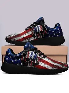 Men's Fashionable Flag Print Lace Up Front Low Top Sneakers, Casual Comfortable Breathable Athletic Sports Running Shoes, Male All-match Round Toe Shoes for Daily Wear
