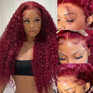 【28 Inch only $119 】99j Burgundy Deep Wave Lace Front Wigs Human Hair 99j 13x6 HD Lace Front Wigs Human Hair 200 Density Deep Wave Wig Pre Plucked Red Colored Curly Wig for Women