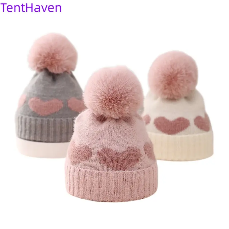 2026 new thick woolen hat, newborn jacquard double-layer winter baby hat, new knitted hat, heart-shaped gray