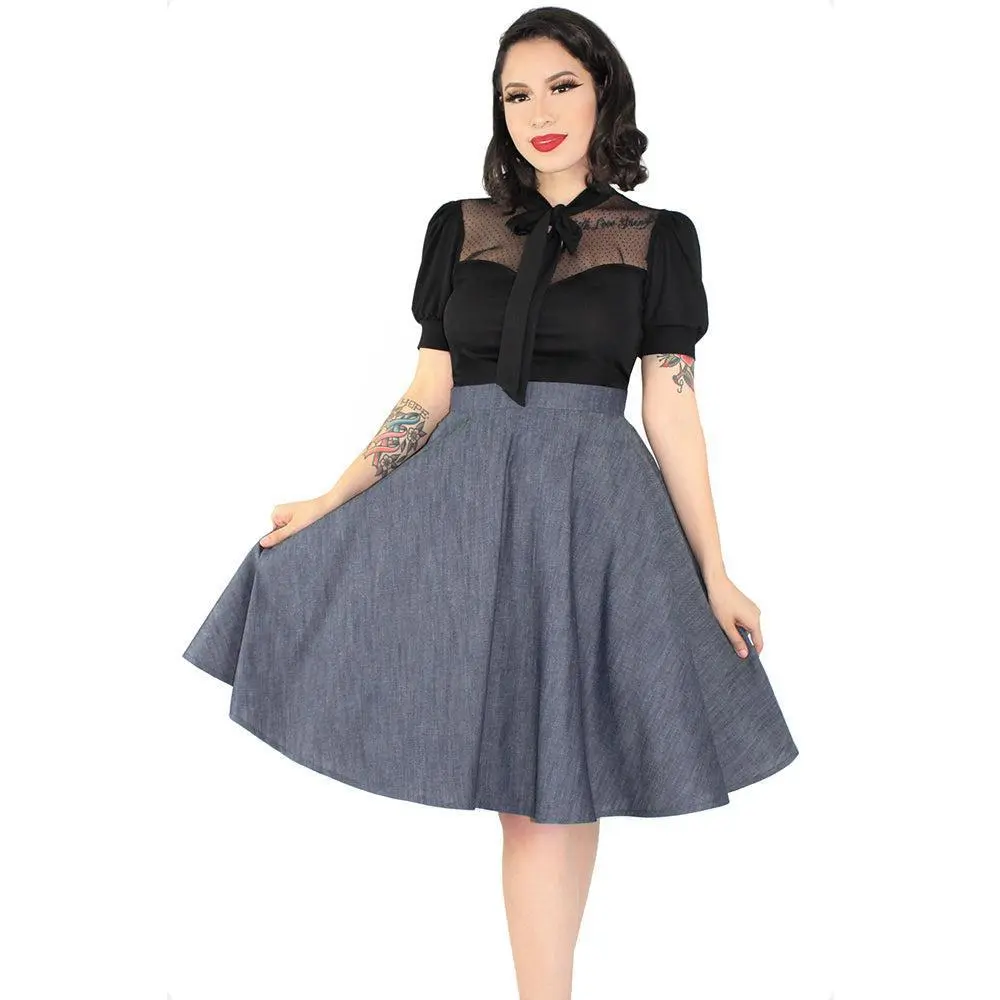 Women's Retro Pinup Rockabilly Gorgeous Denim Circle Skirt - 24-in 100% Cotton Flowy Bottom with Pockets, Multi-Size, 2X Option