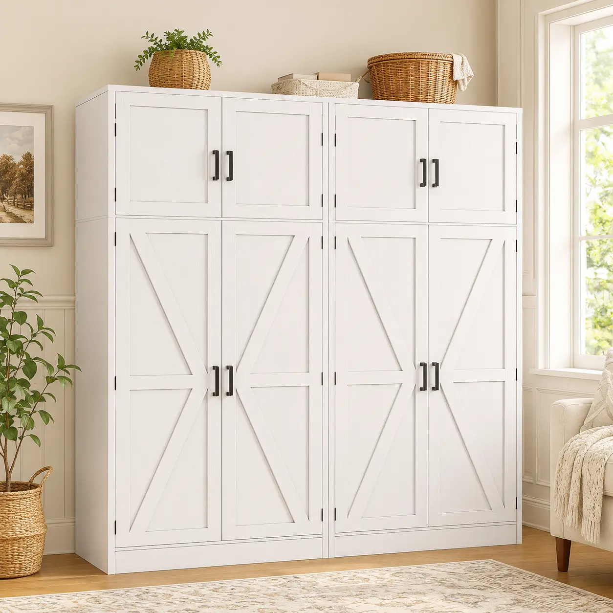 71'' Tall Storage Cabinet Set of 2, Farmhouse Kitchen Pantry Cabinet with Adjustable Shelves and Barn Doors, Large Bathroom Storage Cabinet, Storage Cupboard for Dinning, Living Room, Office