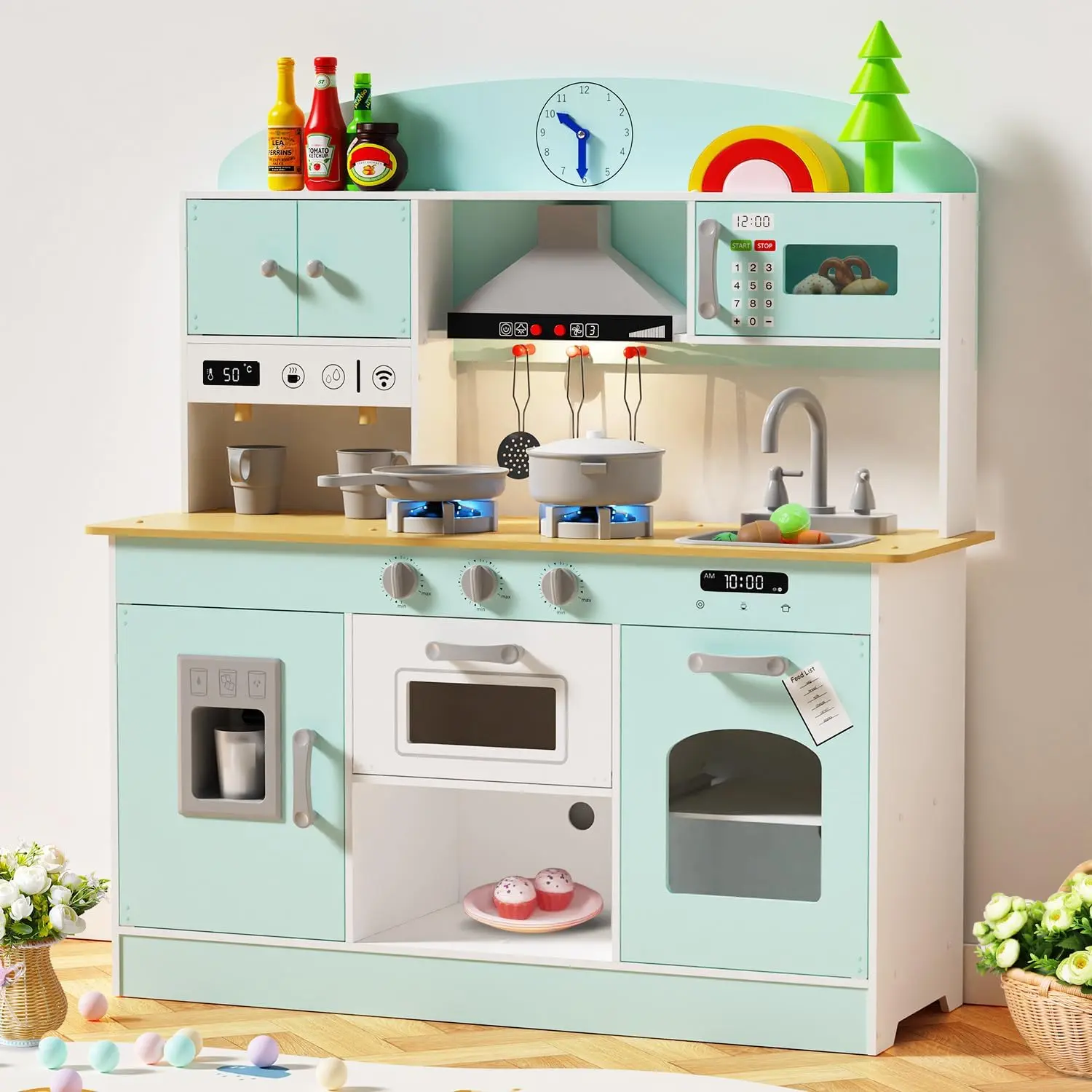 BIERUM Unisex Wooden Pretend Play Kitchen Set for Kids 3+, ASTM Certified, BPA-Free, 31 Pieces (Cutting Board, Pans Included), 34.9"x12.4"x36.5", with Range Hood, Stove, Oven, Microwave, Coffee Maker, Realistic Lights/Sounds, Supports Children Development