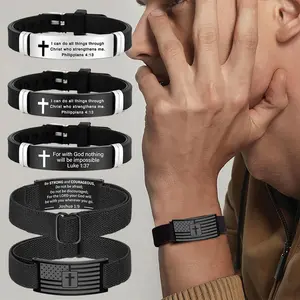 5PCS Handmade Braided Bracelets Set Adjustable 304L Stainless Steel Silicone Wristlet Inspirational Quote Bible Verse Cross Wristwear Stackable Casual Style Daily Wear Cuff Bracelet Holiday Wear Accessories Valentine's Day Gift