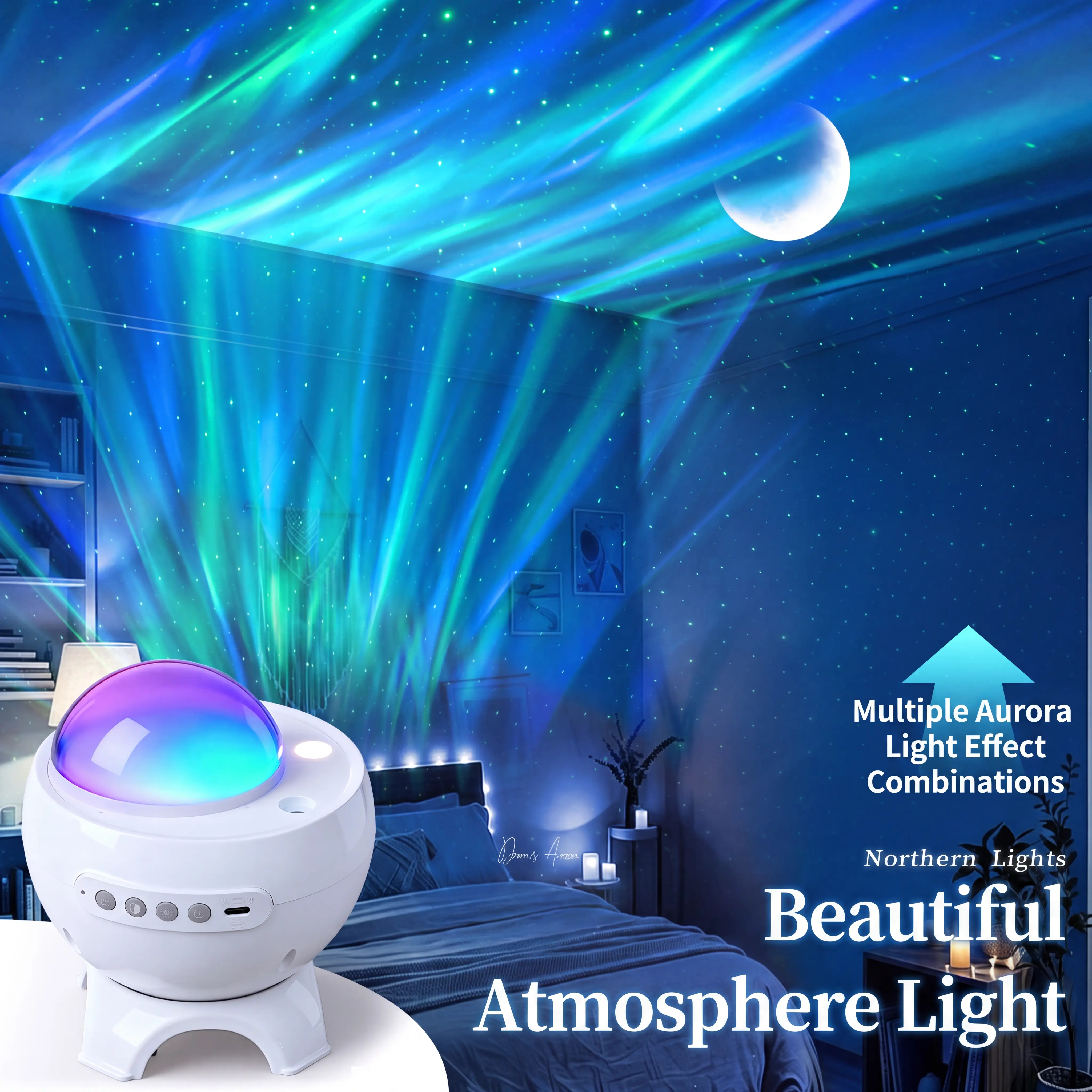 B-Link Rechargeable Northern Lights Aurora Projector, Star Projector Night Light with 5 Rotating Films, 20 White Noise Music Tracks, 10 Color Modes, Bluetooth Speaker & Auto Sleep Timer, Ambient Light for Bedroom
