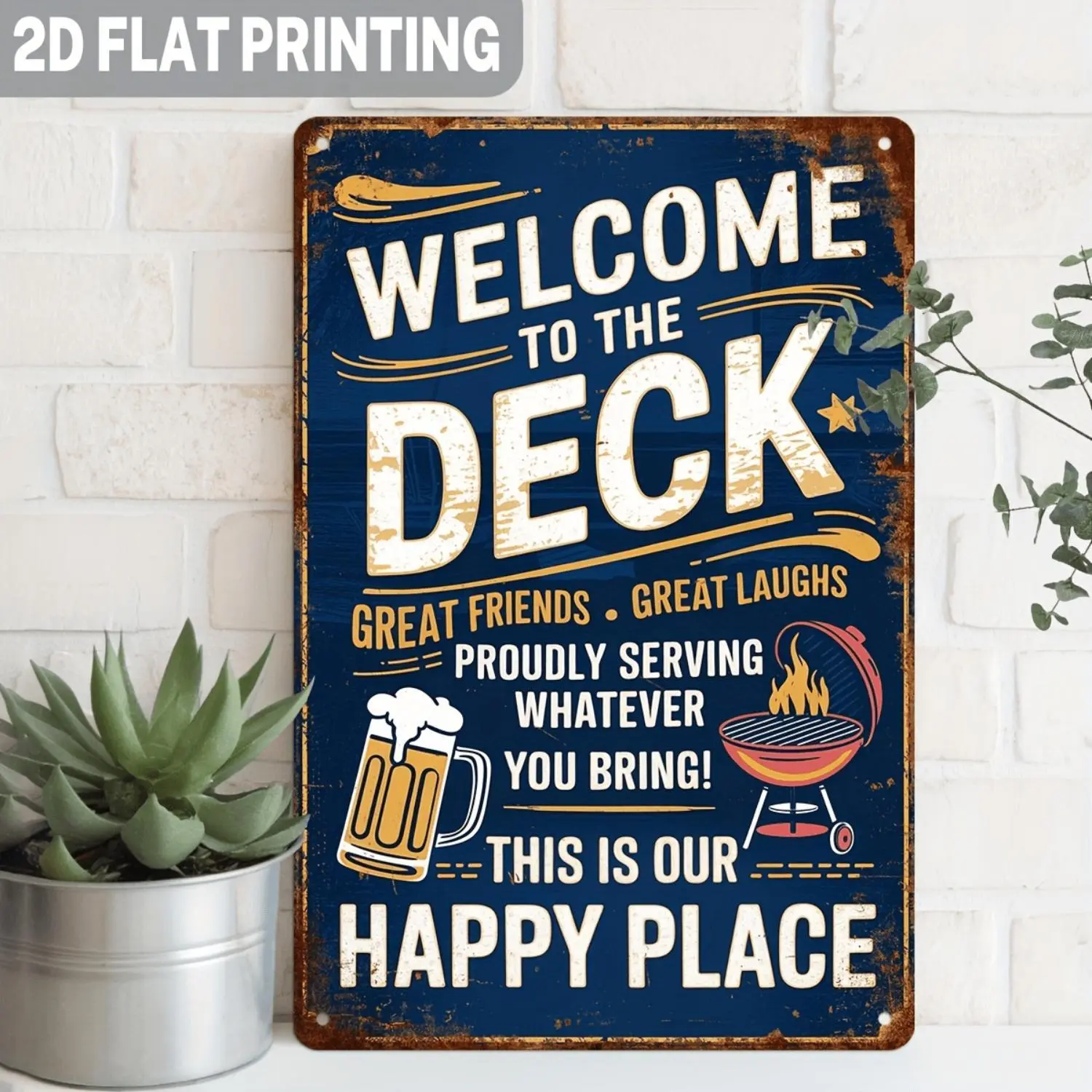 2D Flat Rustic Welcome to The Deck Metal Sign Perfect for Friends and Good Times Decorative Metal Wall Sign Barbecue Theme Indoor Outdoor Kitchen Living Room Patio Housewarming Gift 8X12 Inches