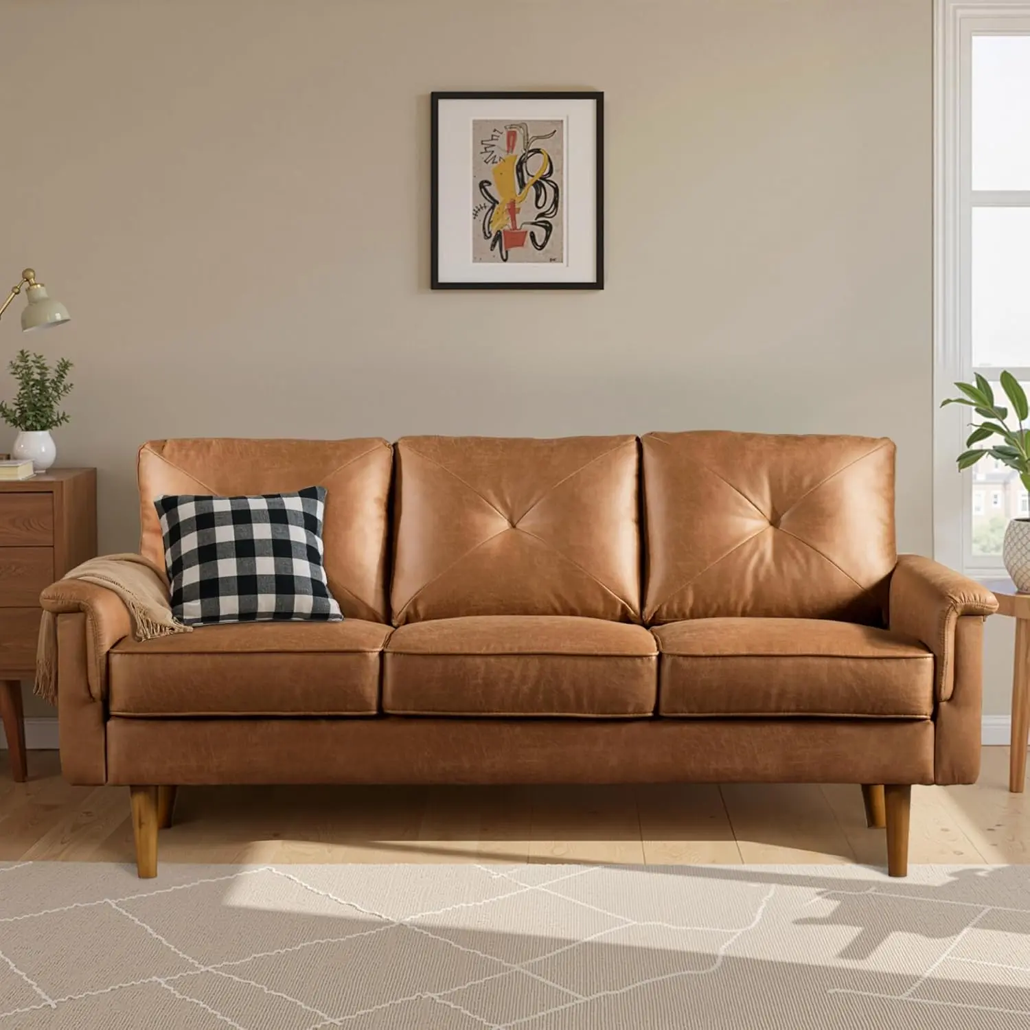 ovios Luxury 3 Seater Sofa with Faux Leather,Mid-Century Modern Couch with Comfortable Armrest,Comfy Couches with Deep Seat,Small Sofas for Living Room Bedroom (Light Brown), NOP20240120