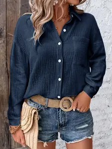 Women's Casual Button Collared Shirt Blouse, Button Up Top, Long Sleeve Fitted Design, All-Season Wear, Loose Fit Drop Shoulder Sleeves, Pocket Detail
