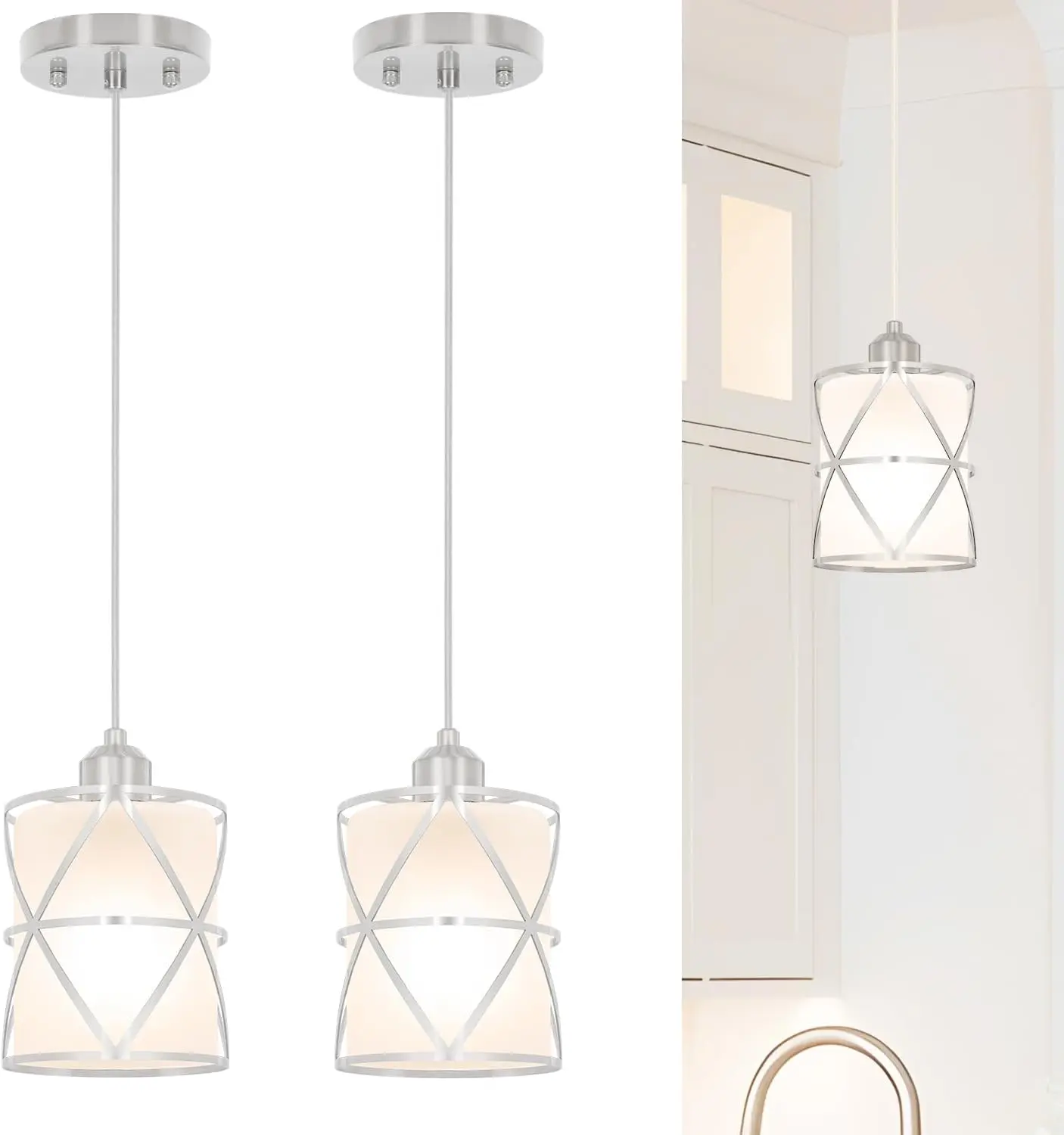 2 Pack Brushed Nickel Pendant Lights for Kitchen Island, Pendant Lights Kitchen Island with 5.51in Frosted Glass Shade, Adjustable Modern Hanging Lights - 59.06 Inch Cord for Dining Room, Entryway
