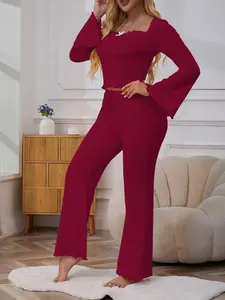 Women's Casual Fall Winter Pajama Set Loungewear, Long Sleeve, U Neck Design, Breathable Elastic Fabric, Comfortable Home Wear, Trendy Plain Two-Piece Pjs, Nightwear