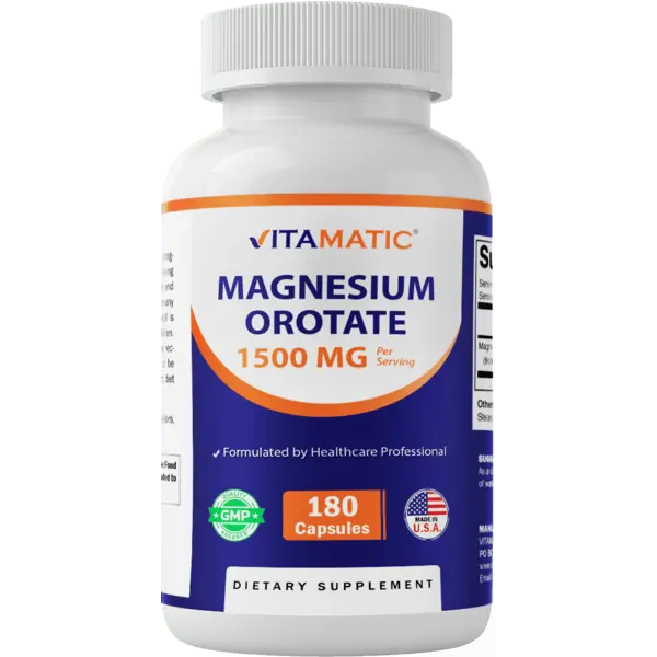 Vitamatic Magnesium Orotate Dietary Capsules - 1500mg per Serving, 180 Count, Non-GMO, Gluten-Free, Dairy-Free, Natural Minerals, Supports Muscle & Nerve Health, Gmo Free