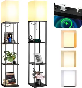 2 Packs Floor Lamp w. Shelves Including 2AC Outlets & 2USB Ports 9W LED Light Bulb 3 Color Temperature Soft/Cool/Daylight White w. 2PCS Acrylic Photo Frame for Living Room/Bedroom