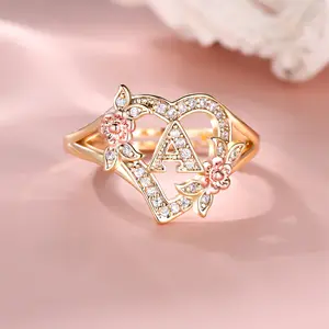 Exquisite Initial Rings for Women 26 Letters Flower Heart Engagement Ring, Perfect Birthday Anniversary Gift Adjustable Ring, Stylish Clavicle Jewelry for Her