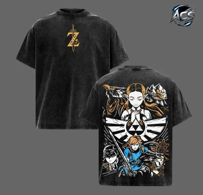Zelda Tears of the Kingdom Washed T Shirt | Link Princess Zelda Midna Epona Triforce Graphic Tee | Hero of Hyrule Courage Wisdom Power Fantasy Game Streetwear Gift