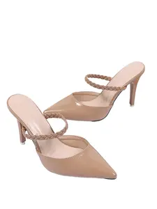 Women's Pointed Toe High Heel Mules, Textile Upper, Rubber Sole, Evening Dress Shoes, Open-Toe, Versatile for Parties and Work