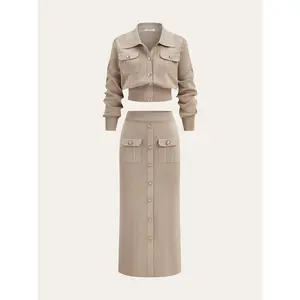 Metal Button Collared Cardigan and Midi Skirt Set