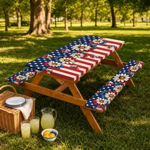 Patriotic Daisy American Flag Fitted Picnic Table & Bench Cover Set 72×30In 3PCS,Waterproof Stretch Peach Skin Elastic Tablecloth,4th of July Independence Day & USA 250th Anniversary Backyard BBQ Patio Camping Poolside Party Decor