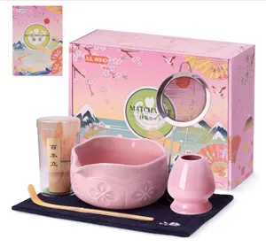 Matcha Whisk Set, Ceramic Matcha Set Includes Bowl with Spout, Whisk and Holder, Bamboo Scoop, Sifter and Tea Towel - 6 Pcs Matcha Kit Gift for Lovers Beginners (Pink)