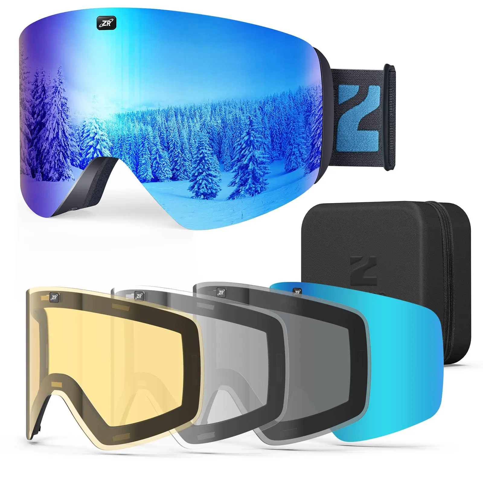 ZIONOR X11 Ski Goggles with 4 Lens, Magnetic Cylindrical Snow Snowboard Goggles with Case, Anti Fog UV Protection OTG for Men Women Adult