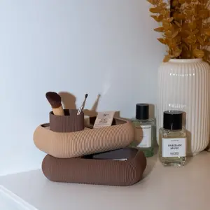 Ribbed Cosmetic Holder and Tray Set, Multi-Functional Organizer for Vanity Countertops, Bathroom Storage Solution