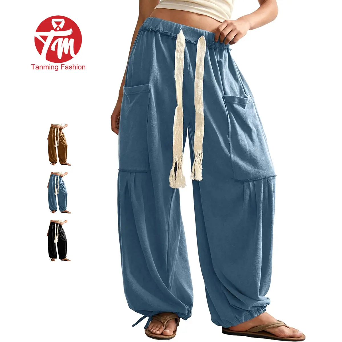 Tanming Women's Baggy Wide-Leg Harem Pants with Big Pockets, Casual Drawstring Bohemian Trousers
