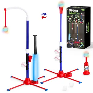 deAO 3-in-1 T Ball Set - LED Tball Set for Kids 3-5, Adjustable Height, Hanging Tee Ball Set with Automatic Pitching Machine/4 Balls/Retractable Bat, TBall Stand Suit for Outdoor, Sport Toys Gifts for Kids Boys Age 3+