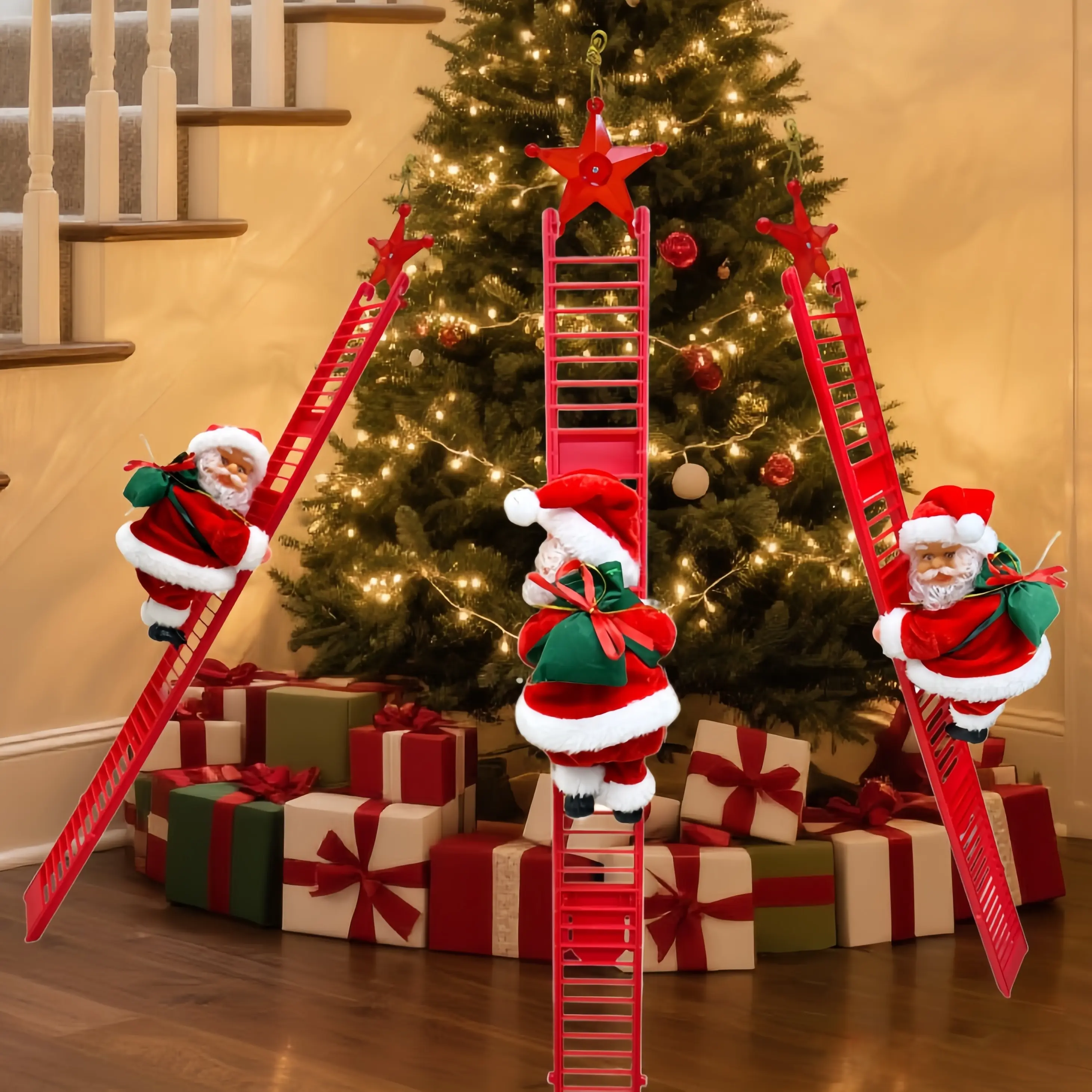 Upgraded Santa Claus Climbing Red Ladder Ornament, Powered by AA Batteries, for Christmas Tree Decorations (Batteries Not Included) -- Made of sturdy plastic, perfect for holiday parties, ambiance decor, Christmas decorations, and fun festive scenes.