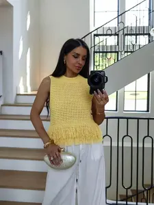 Women's Bohemian Chic Style Sleeveless Knit Sweater Top, Round Neck Fringe Hem, Ideal for Beach, Music Festivals, Outdoor Events, Parties, Knitwear