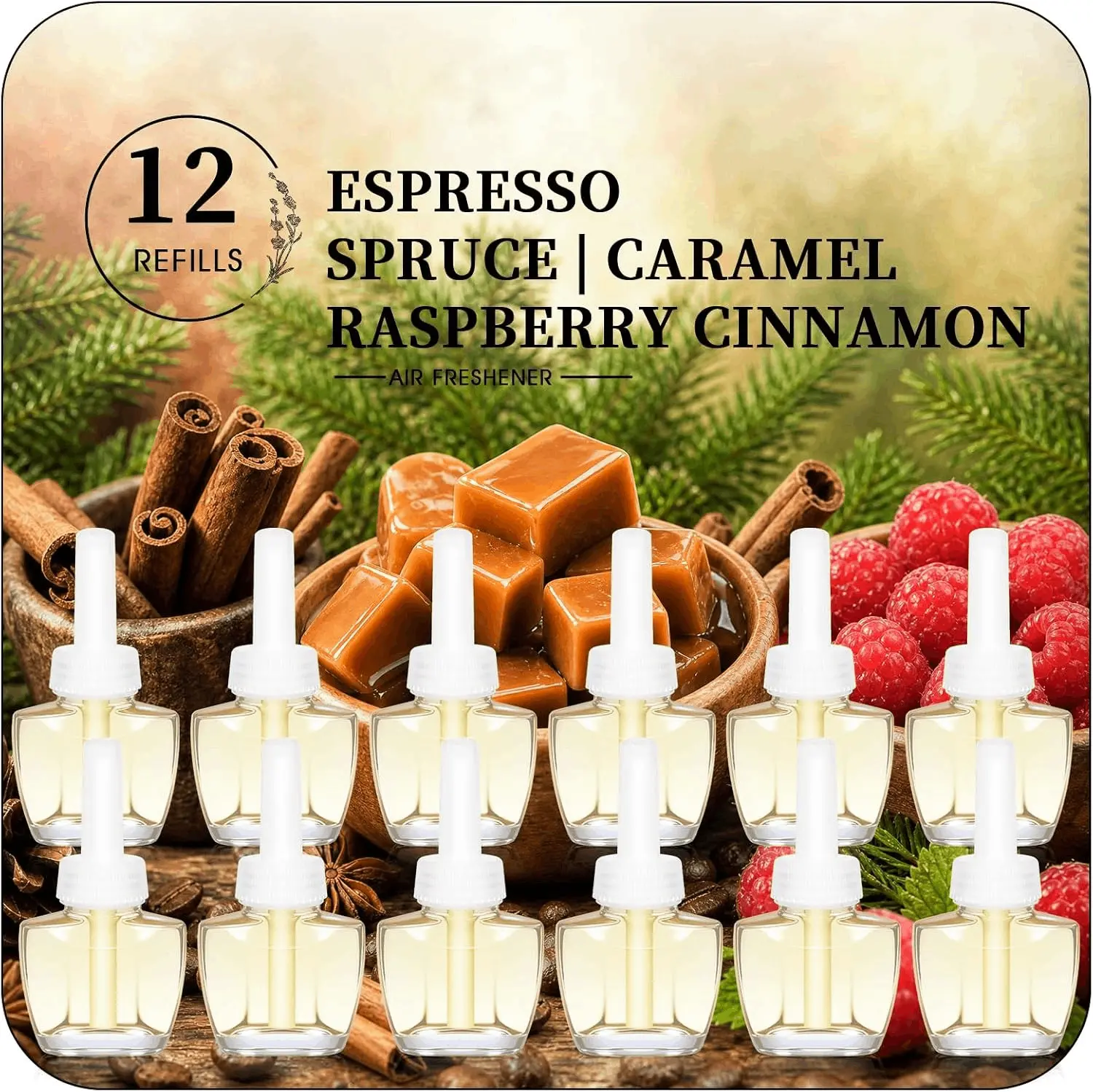 12-Pack Plug-In Air Freshener Refill Set, 6.0-7.9 fl. oz. Long-Lasting Indoor Scented Liquid - Spruce, Caramel, Espresso, Raspberry Cinnamon - Compatible with Air Wick, Glade Diffusers,  Fragrance Set Home Fragrances scent Aroma Oil Refill Forest Alpine,
