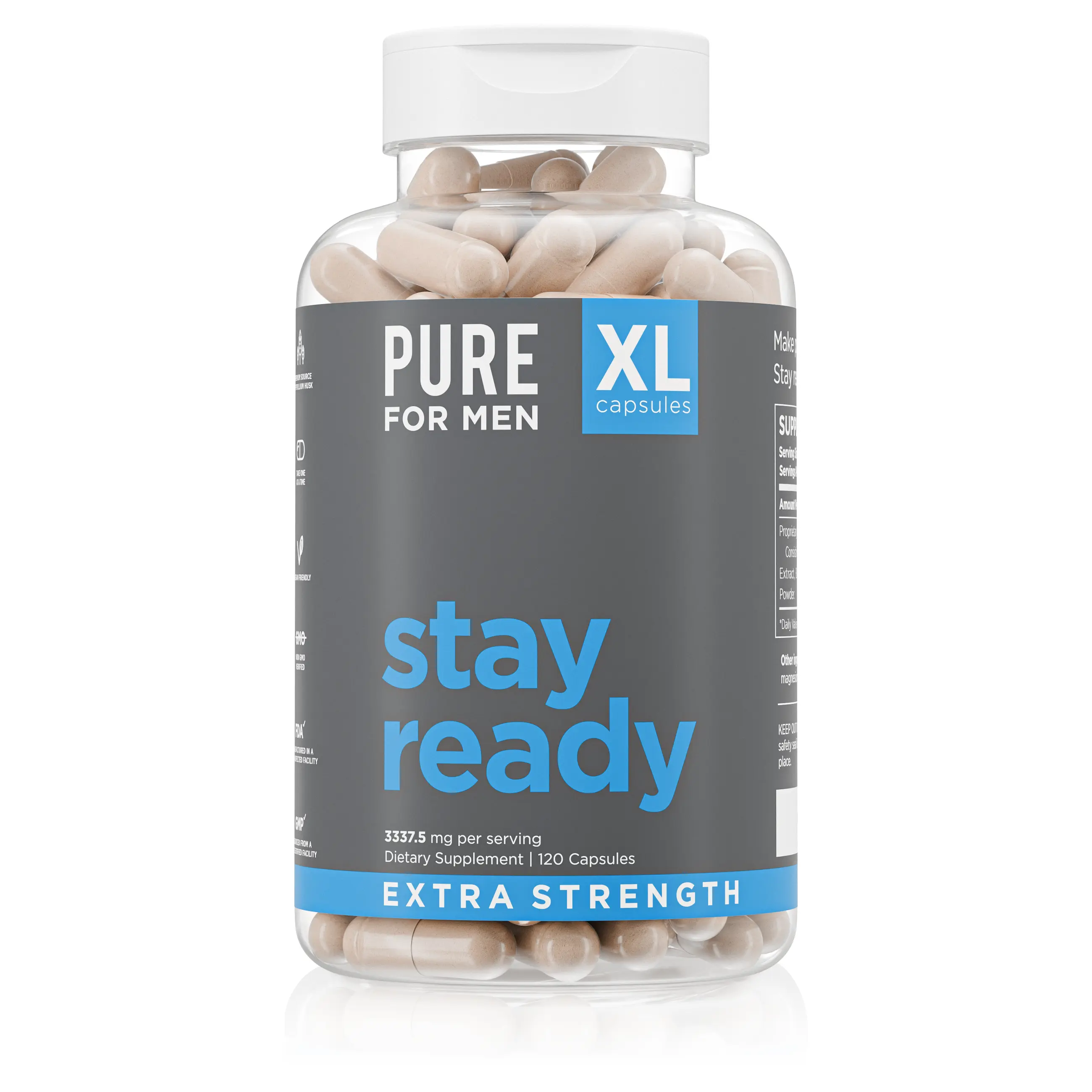 Extra Strength Stay Ready Fiber Capsules | Pure for Men | Gut & Cleanliness Support | Digestive Regularity Support | Psyllium Husk, Aloe Vera, Chia Seeds, Flaxseeds | Proprietary Formula