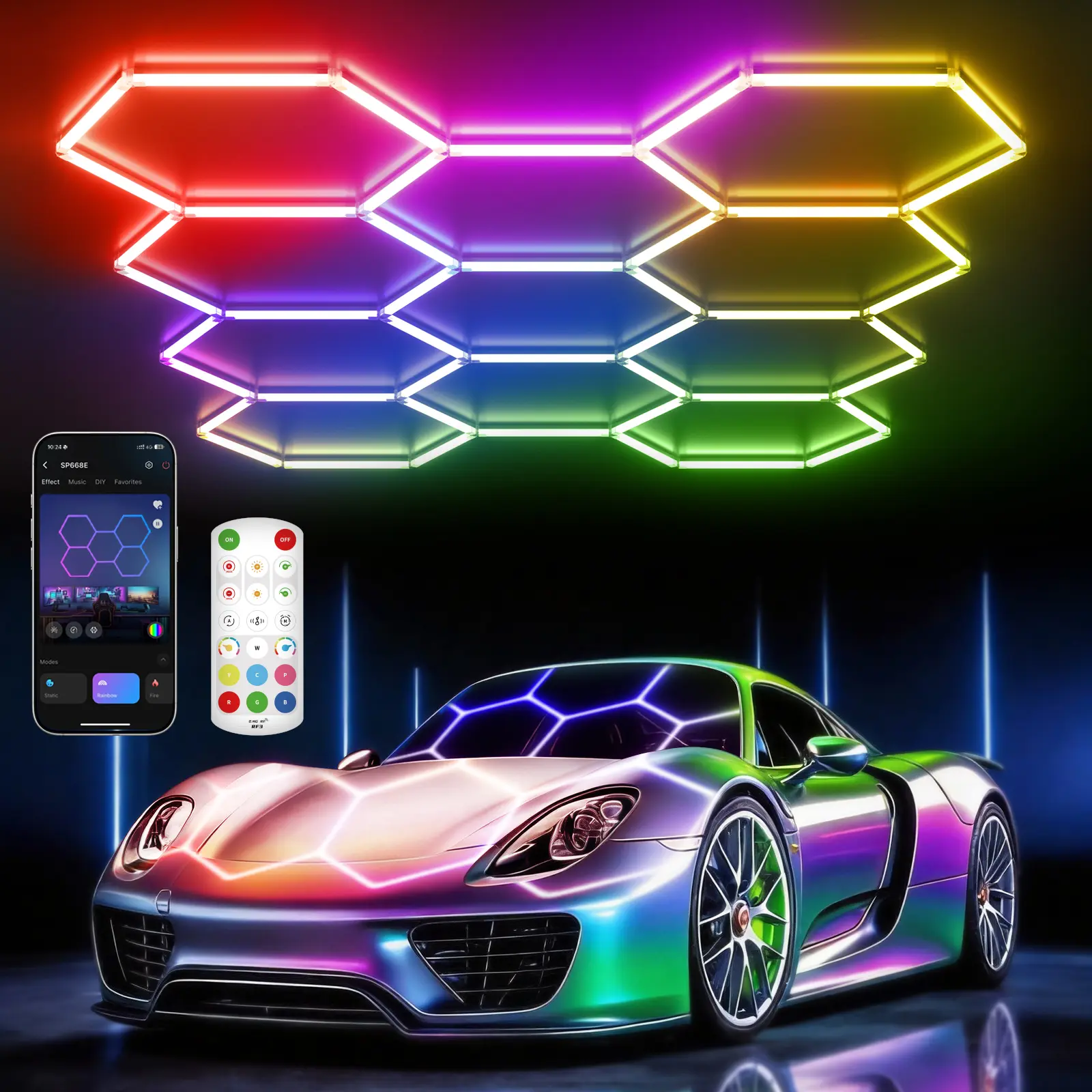 HYPERLITE RGB Hexagonal Honeycomb Light, Modular Garage Light System, Smart LED Hexagon Garage Lights for Ceiling or Wall, DIY Color Lighting Panels Music Sync, Remote Control, Decorative Honeycomb Light Garage, Gaming Room, Party Dealsforyoudays