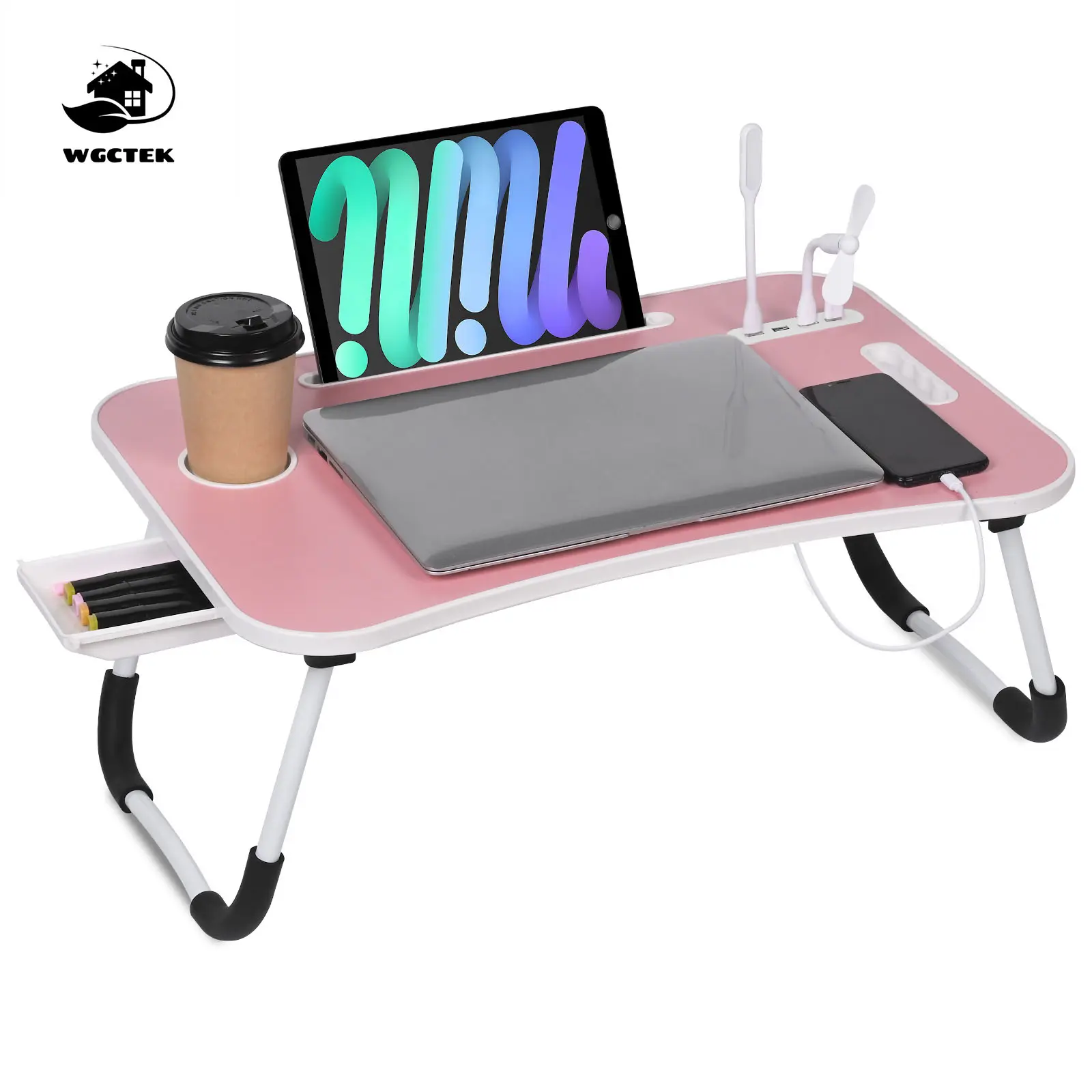 WGCTEK Laptop Bed Desk, Portable Foldable Laptop Table, Lap Desk Tray Table with 4 USB Ports, Storage Drawer and Cup Holder, for Bed/Couch Working, Reading - Black/White/Pink/Walnut, 23.6 X 15.7 X 10.6 Inches