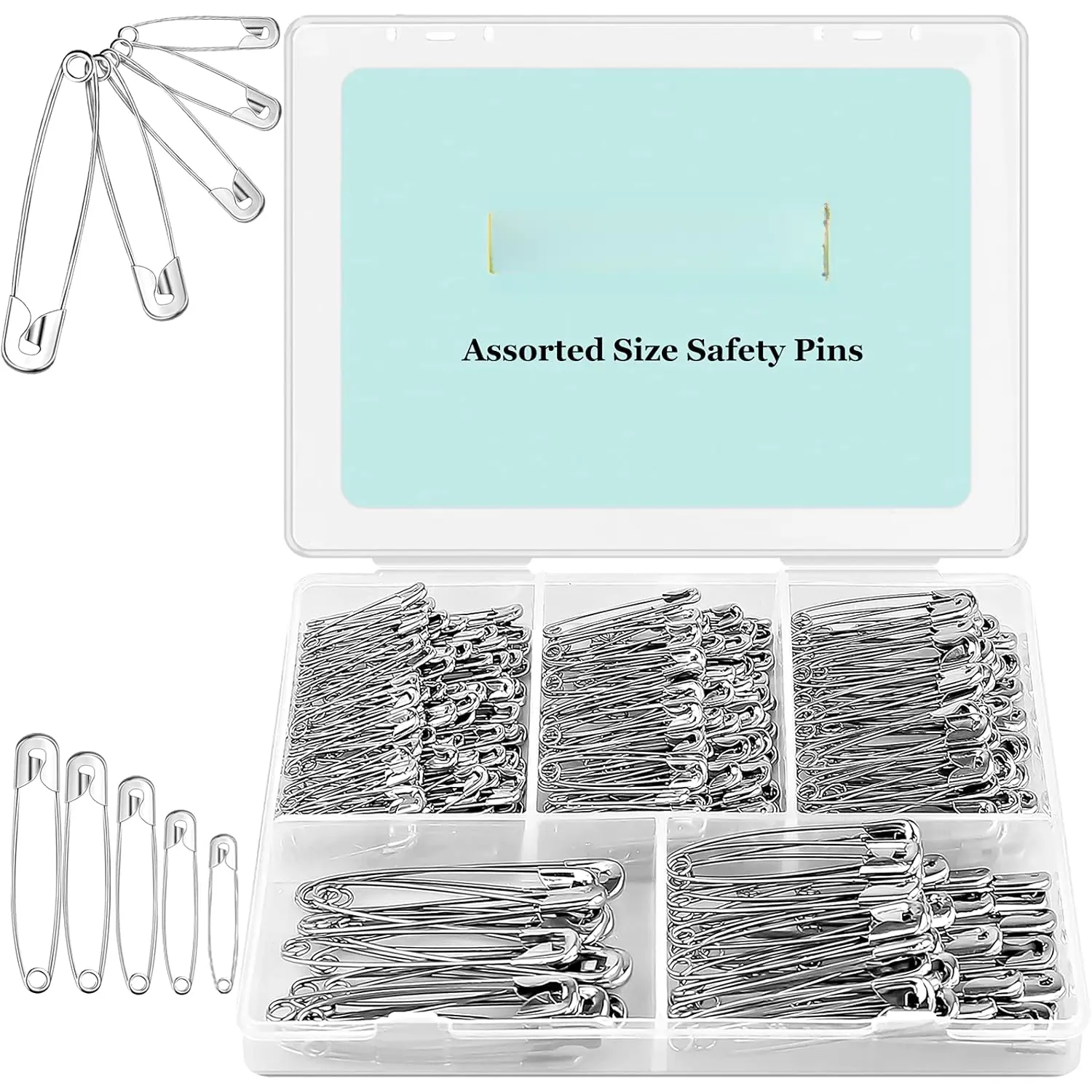 340 Pack Safety Pins Assorted, Small and Large Safety Pins for Clothes Costume, 5 Different Sizes Nickel Plated Steel Pin Bulk, Sewing Crafts Art Supplies,