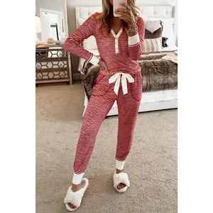 Red Stripe Buttoned V Neck Top and Knotted Waist Pants Pajama Set Women's Solid womenswear