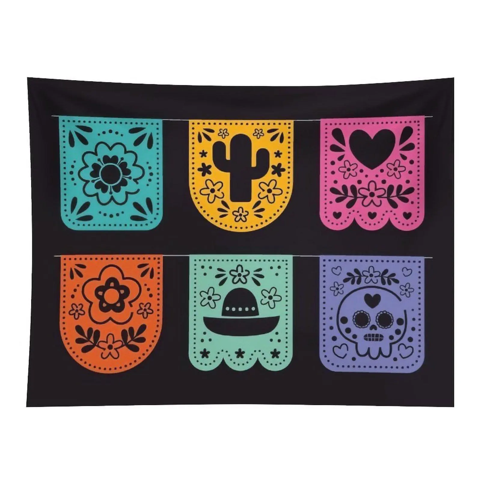 Colorful Mexican Papel Picado Banner Cactus Sugar Skull Sombrero Wall Tapestry Wall Hanging, Cute Dia De Los Muertos Folk Simple Silhouette Decor for Fiesta Party Dorm Backdrop