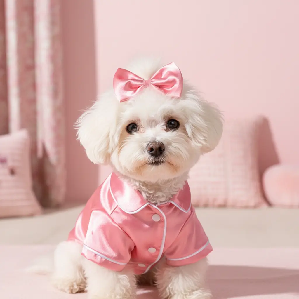 Pet 2-Piece Silk Clothing Outfits Set - Cute Pajamas with Bow Headband, Soft Sleepwear for Teddy Bichon Pomeranian Bulldogs, Cozy Nightwear for Puppies Cats, Pink