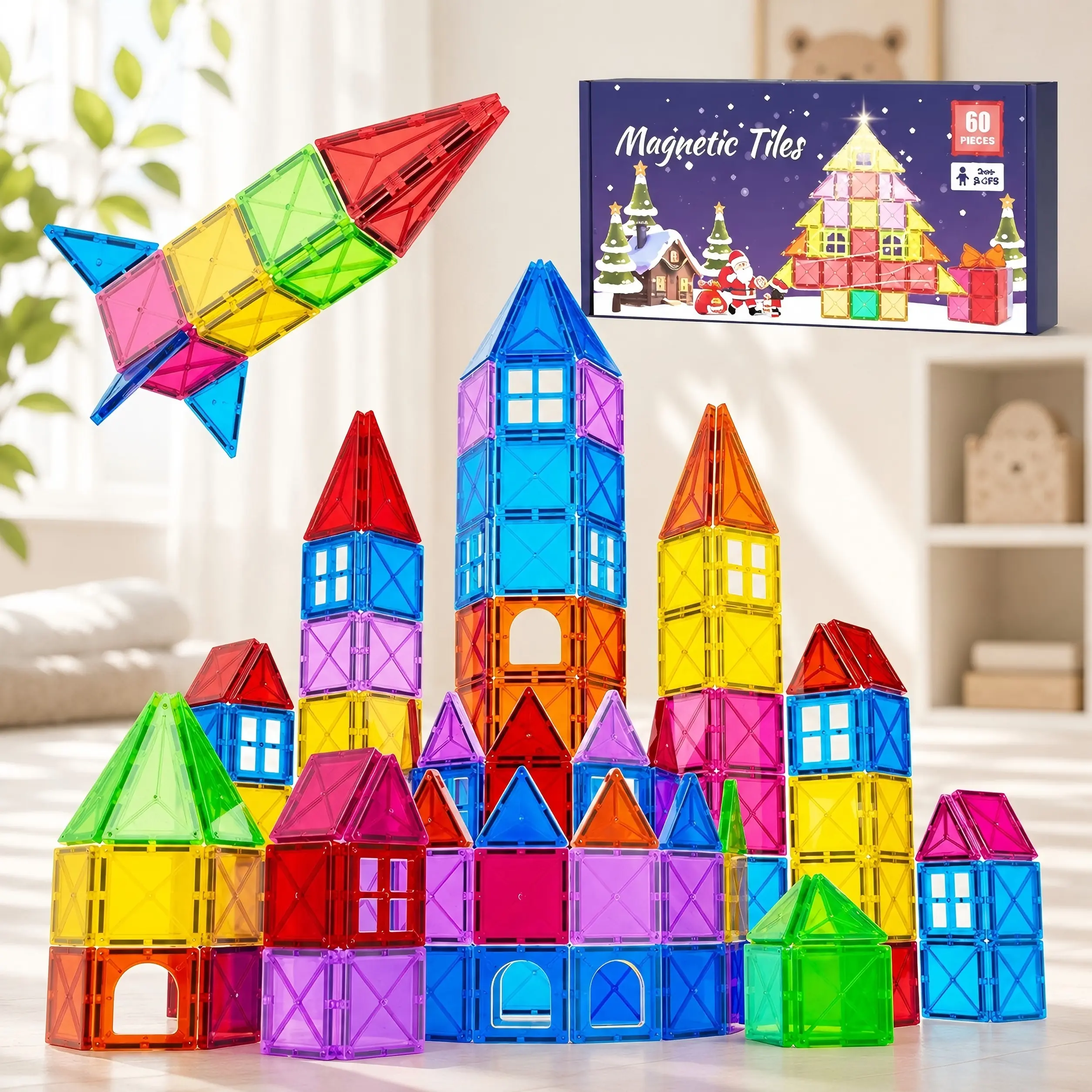 Mini Magnetic Tiles 60PCS for Kids Ages 3+, Travel Magnetic Building Blocks, STEM Learning Construction Toy, Toddler Educational Montessori Toys, Sensory Preschool Toys for Boys Girls, Birthday Christmas  novelty gift super braintoy