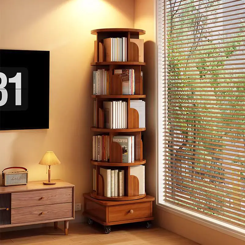 (UPGRADED) Rotating Bookshelf, 360 Display Corner Bookshelf for Small Space, 6 Tier Bookcase Storage Rack with Wheels, Wood Narrow Organizer for Bedroom, Living Room, Study Room, Walnut Brown, Shelves