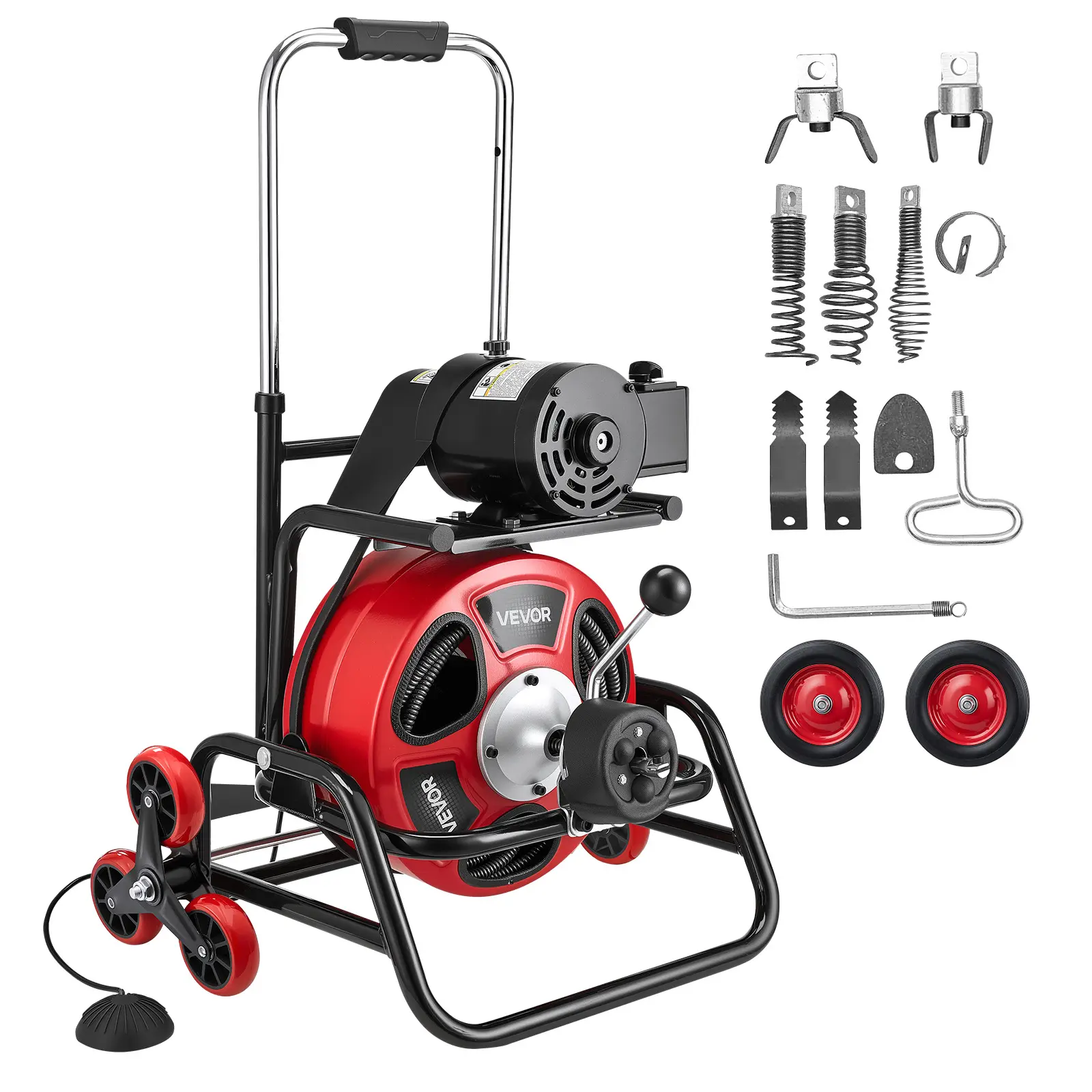【summerfinds】VEVOR Drain Cleaner Machine 100 FT x 3/8 Inch, Auto Feed Sewer Snake Auger, Portable Drain Cleaning Machine with Climbing Wheels, Adjustable Drum, 8 Cutters & Foot Switch for 2" to 4" Pipes