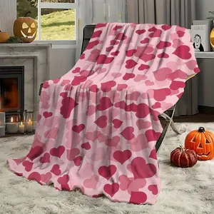 1Pc Pink & Red Heart Flannel Blanket - Soft Warm Bedspread/Throw For Couch, Bed - Cozy Contemporary Bedding Suitable For Valentine'S Day Gift, All-Season Use