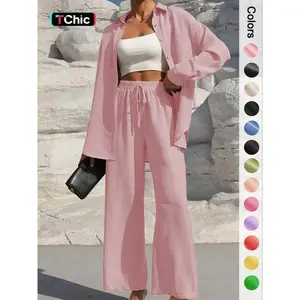 Women's Solid Button Front Collared Shirt & Tie Front Wide Leg Pants Two-piece Set, Casual Drop Shoulder Long Sleeve Top & Trousers 2 Piece Set for Spring & Fall, Women's Clothes for Daily Wear��gift��