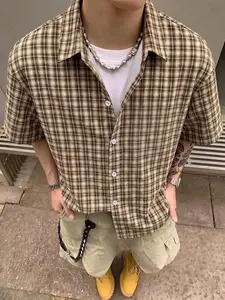 Men's Short Sleeve Shirt, Patchwork Plaid, Checked and Geometric Patterns, Casual Button Decor, Urban Style Top, Fashion Daily Wear