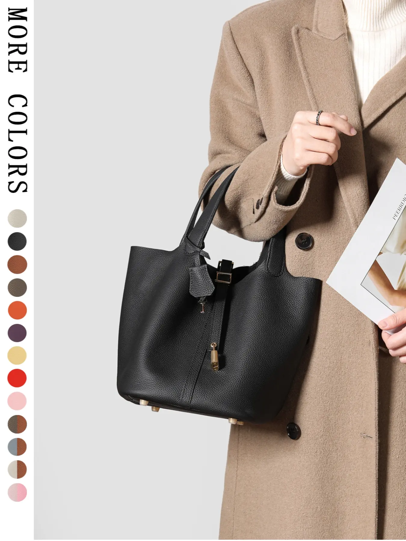 Women's Fashion Plain Leather Bucket Bag, 22 cm Casual Soft Durable Handbag, Casual Trendy Handbag, Versatile and Stylish Shoulder Bag for All Seasons